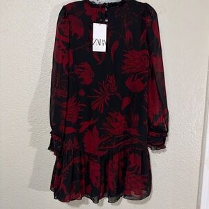 Zara Black Dress with Red Floral Pattern